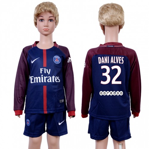 Paris Saint-Germain #32 Dani Alves Home Long Sleeves Kid Soccer Club Jersey